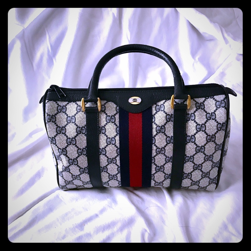 GUCCI Vintage Monogram Web Boston Navy tote!